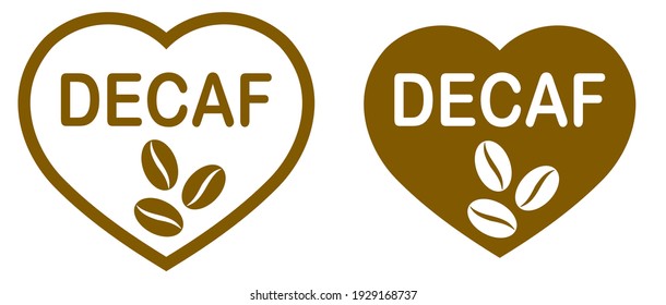 Caffeine free. Decaf heart-shaped logo. Stamp or icon. Brown label. Decaffeinated coffee. Coffee bean. Healthy drinks. Beverage. Herbal tea.	