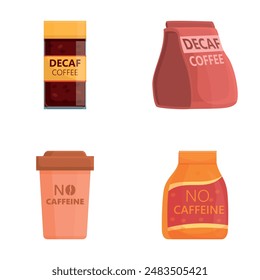 Caffeine free icons set cartoon vector. Cup and packaging of decaf coffee. Decaffeinated drink