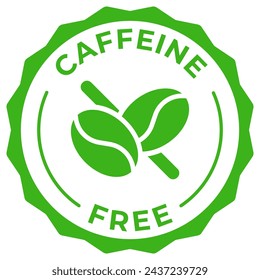 Ilustración de icono de vector de etiqueta libre de cafeína para el paquete del producto. Logo verde libre de cafeína, símbolo, insignia, etiqueta, sello, sello, etiqueta, etiqueta o emblema aislado.