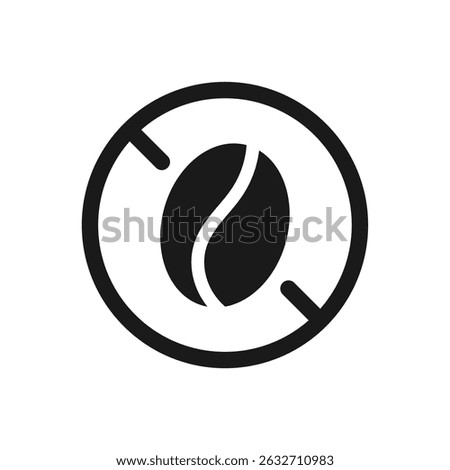 Caffeine free round icon. Decaffeinated product. A sign showing a crossed-out coffee bean. Round symbol indicates without caffeine ingredient drink or food. Decaf ban in circle. Vector illustration. 