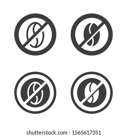 Caffeine free sign - crossed out coffee bean - ingredienta=s information mark for drink products packaging - isolated vector monochrome icon in 4 variations