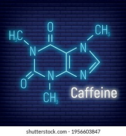 Caffeine brillante estilo neón concepto etiqueta de icono de fórmula química, ilustración vectorial del tipo de letra del texto, aislado en el fondo de la pared. Mesa de elementos periódicos, adictiva bebida.