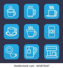 caffeine icon. Set of 9 outline caffeine icons such as vending machine, coffee, dish, coffee cup, tea cup, cup, coffee machine