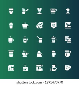 caffeine icon set. Collection of 25 filled caffeine icons included Coffee cup, Coffee, Coffee maker, machine, pot, Irish Tea cup, Cup, French press, beans
