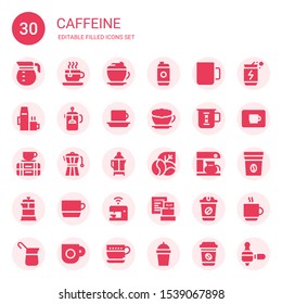 caffeine icon set. Collection of 30 filled caffeine icons included Coffee pot, Tea cup, Mocha, Energy drink, Cup, Hot drink, French press, Coffee, Latte, Break, Coffee maker, beans