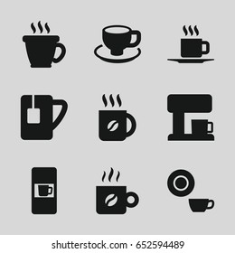Caffeine icons set. set of 9 caffeine filled icons such as vending machine, coffee, dish, coffee cup, tea cup, cup