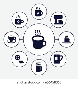 Caffeine icons set. set of 9 caffeine filled icons such as dish, coffee, coffee cup, tea cup, cup, coffee machine
