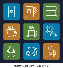 caffeine icons set. Set of 9 caffeine outline icons such as vending machine, coffee, dish, coffee cup, tea cup