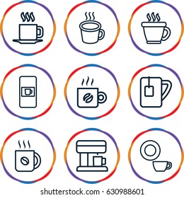 Caffeine icons set. set of 9 caffeine outline icons such as vending machine, coffee, dish, tea cup, cup