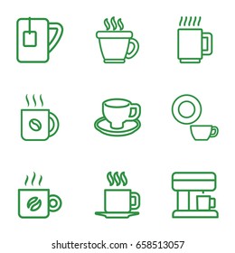 Caffeine icons set. set of 9 caffeine outline icons such as coffee, dish, coffee cup, tea cup, cup, coffee machine