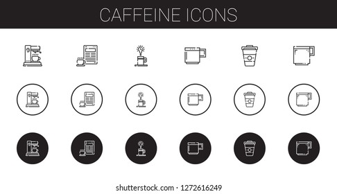 caffeine icons set. Collection of caffeine with coffee maker, coffee, mug, coffee cup. Editable and scalable caffeine icons.