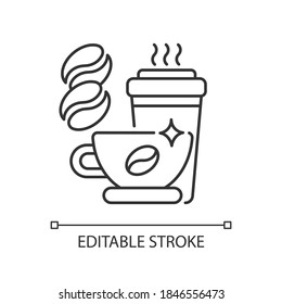 Icono lineal de cafeína. Café con taza desechable. Menú de restaurante. Tarta para el desayuno. Ilustración personalizable de línea delgada. Símbolo de contorno. Dibujo de contorno aislado del vector. Trazo editable