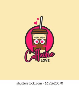 Caffeine love coffee shop cafe logo with carton cup mascot funny cute character pink color