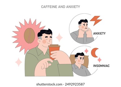 Caffeine and Mental Health concept. The illustration portrays the potential impact of caffeine on anxiety and insomnia. A man drinks coffee, triggering stress and sleeplessness. Vector illustration.