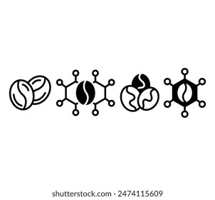 caffeine molecular cell structure with coffee beans icon vector design black white flat illustration sets