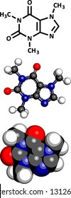 Caffeine, molecular model. Three representations: 2D skeletal formula, 3D space-filling model and 3D ball-and-stick model.