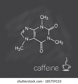 Caffeine molecule and cup of coffee chalked on blackboard