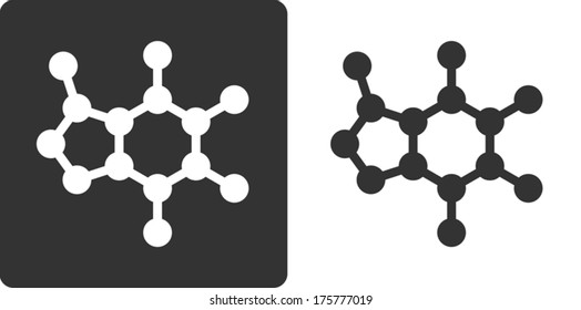 Caffeine Molecule, Flat Icon Style. Stylized Rendering. Carbon, Oxygen And Nitrogen Atoms Shown As Circles. Hydrogen Atoms Omitted.