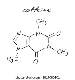 Koffeinmolekül-Formel. Handgezeichnete Imitation des Coffein-Strukturmodells, C8H10N4O2-Chemische Skeletalformel, Coffein-Vektorsymbol