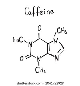 Koffeinmolekül-Formel. Handgezeichnete Imitation des Coffein-Strukturmodells, C8H10N4O2-Chemische Skeletalformel, Coffein-Vektorsymbol