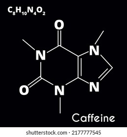 Koffeinmolekül einzeln auf schwarz-weißem Hintergrund. Freizeitdroge. Vektorgrafik.