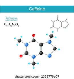 caffeine molecule. molecular chemical structural formula and model of central nervous system CNS stimulant of the methylxanthine class. Vector illustration