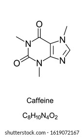 Caffeine molecule skeletal formula. 2D structure of C8H10N4O2, a methylxanthine alkaloid, also theine. Psychoactive drug in coffee, cola and tea. Structural formula. Illustration over white. Vector.