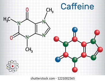 Caffeine molecule. Structural chemical formula and molecule model. Sheet of paper in a cage. Vector illustration