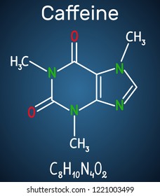 Caffeine molecule. Structural chemical formula and molecule model on the dark blue background. Vector illustration