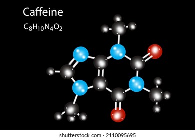 Struktur des Koffeinmoleküls. Chemische Verbindung. Skelettformel. Schwarzer Hintergrund. Vektorgrafik. Stockbild. 