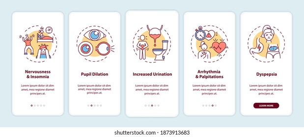 Caffeine overdose symptoms onboarding mobile app page screen with concepts. Insomnia, pupil dilation walkthrough 5 steps graphic instructions. UI vector template with RGB color illustrations
