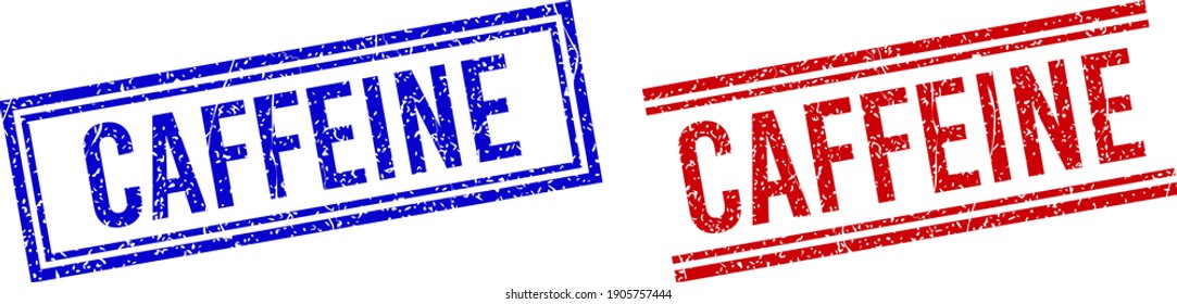 CAFFEINE rubber imprints with grunge texture. Vectors designed with double lines, in blue and red versions. Tag placed inside double rectangle frame and parallel lines.