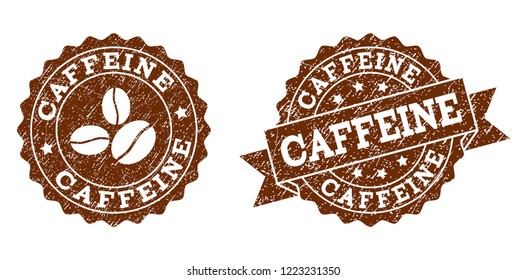 Caffeine rubber stamps. Vector seals in chocolate color with round, ribbon, rosette, coffee bean elements. Grainy design and scratched texture are used for Caffeine rubber imprints.