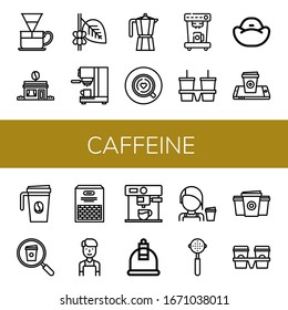 caffeine simple icons set. Contains such icons as Dripper, Coffee shop, Coffee, Coffee maker, Moka pot, machine, Cup carrier, Bean bag, can be used for web, mobile and logo