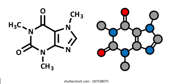 Molécula estimulante de cafeína. Presente en café, té y muchas bebidas refrescantes y energéticas. Diseño 2D estilizado y fórmula esquelética convencional.