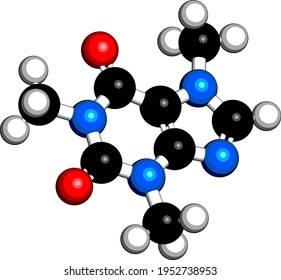 Caffeine stimulant molecule. Present in coffee, tea and many soft and energy drinks. 3D rendering. Atoms are represented as spheres with conventional color coding