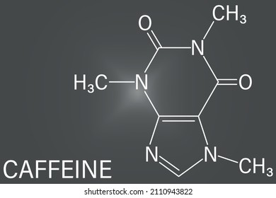 Caffeine stimulant molecule. Present in coffee, tea and many soft and energy drinks. Skeletal formula.