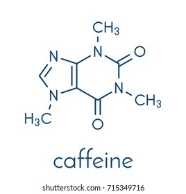 Caffeine stimulant molecule. Present in coffee, tea and many soft and energy drinks. Skeletal formula.