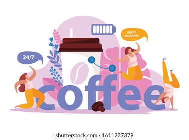 Caffeine stimulating effect flat composition with text and people dancing near coffee cup with full battery vector illustration