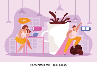 Caffeine stimulating effect flat composition with cityscape and battery signs near working people with coffee beans vector illustration