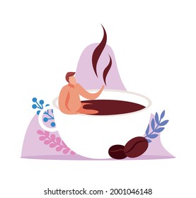 Caffeine stimulating effect flat composition with man relaxing in cup of coffee vector illustration
