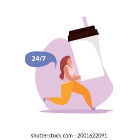 Caffeine stimulating effect flat composition with female character running with plastic cup of coffee vector illustration