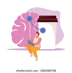 Caffeine stimulating effect flat icon with cup of coffee brain and character vector illustration