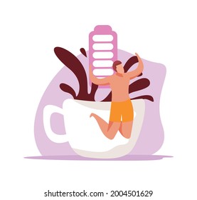 Caffeine stimulating effect flat icon with happy character coffee cup and full battery vector illustration