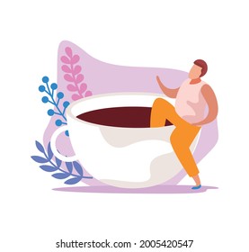 Caffeine stimulating effect flat icon with male character in cup of coffee vector illustration