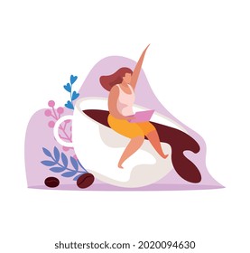 Caffeine stimulating effect flat icon with energetic character and cup of coffee vector illustration