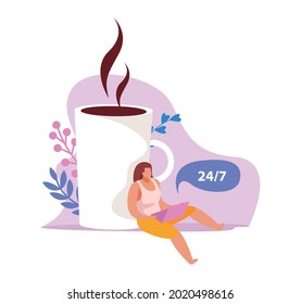 Caffeine stimulating effect flat icon with cup of hot coffee and woman working within 24 hours vector illustration