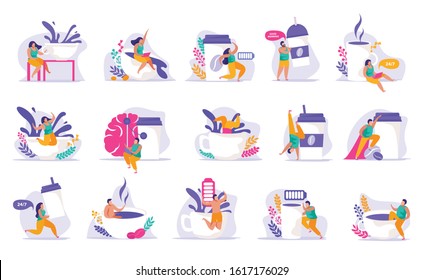 Caffeine stimulating effect flat recolor set of isolated icons with people and coffee cups with batteries vector illustration