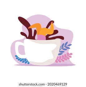 Koffein stimulierende Wirkung Symbol mit Charakter tauchen in Tasse Kaffee flache Vektorgrafik