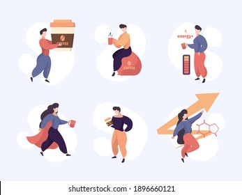 Caffeine stimulation. Energizer people drinking hot drink from cup concept of energy persons stressed good feelings office tea rest time garish vector stylized character